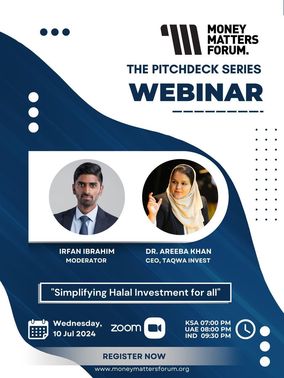 The Pitchdeck Series Webinar: Simplifying Halal Investment for All – Money Matters Forum event flyer, July 2024