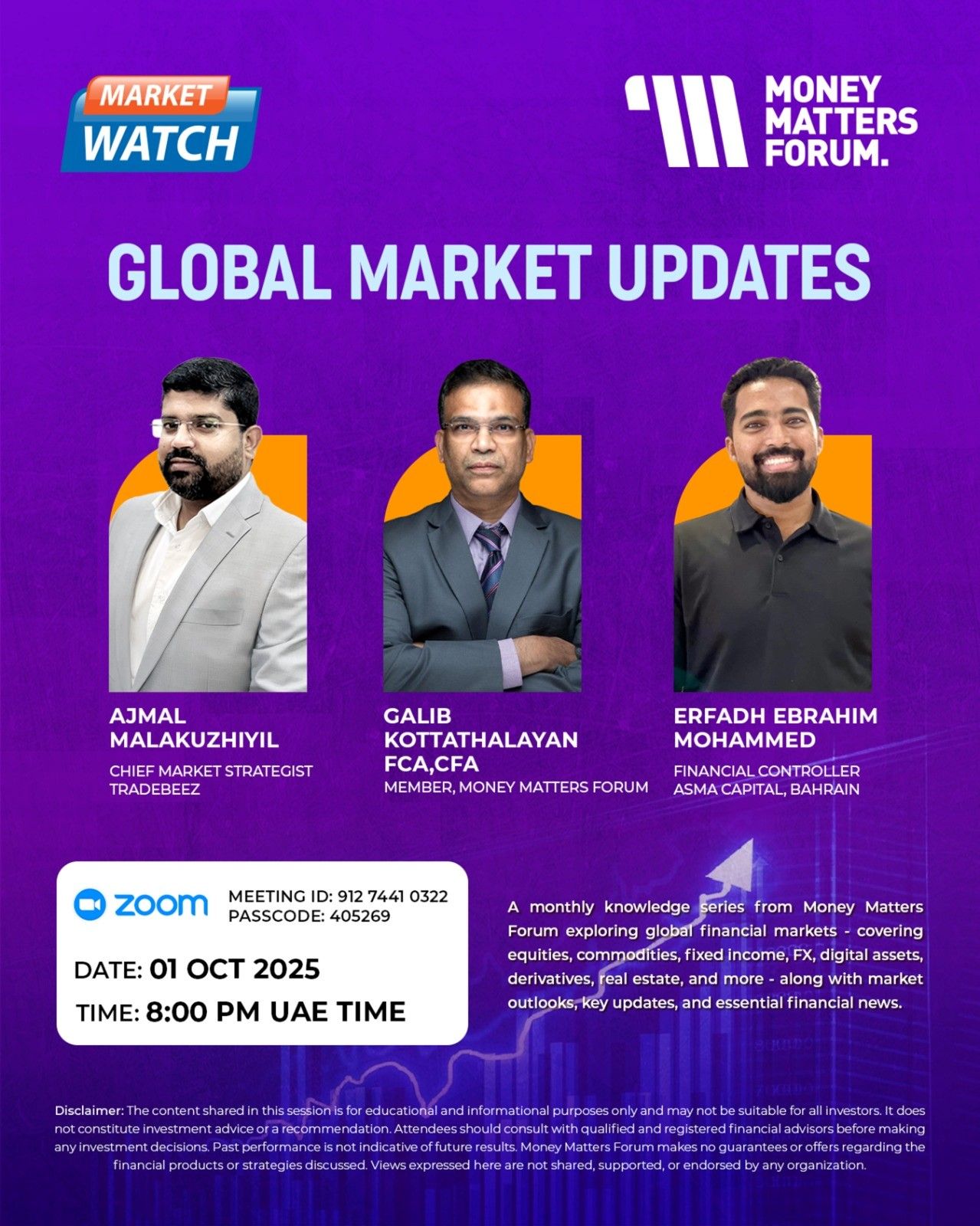 Global Market Updates – Money Matters Forum event flyer, October 2025