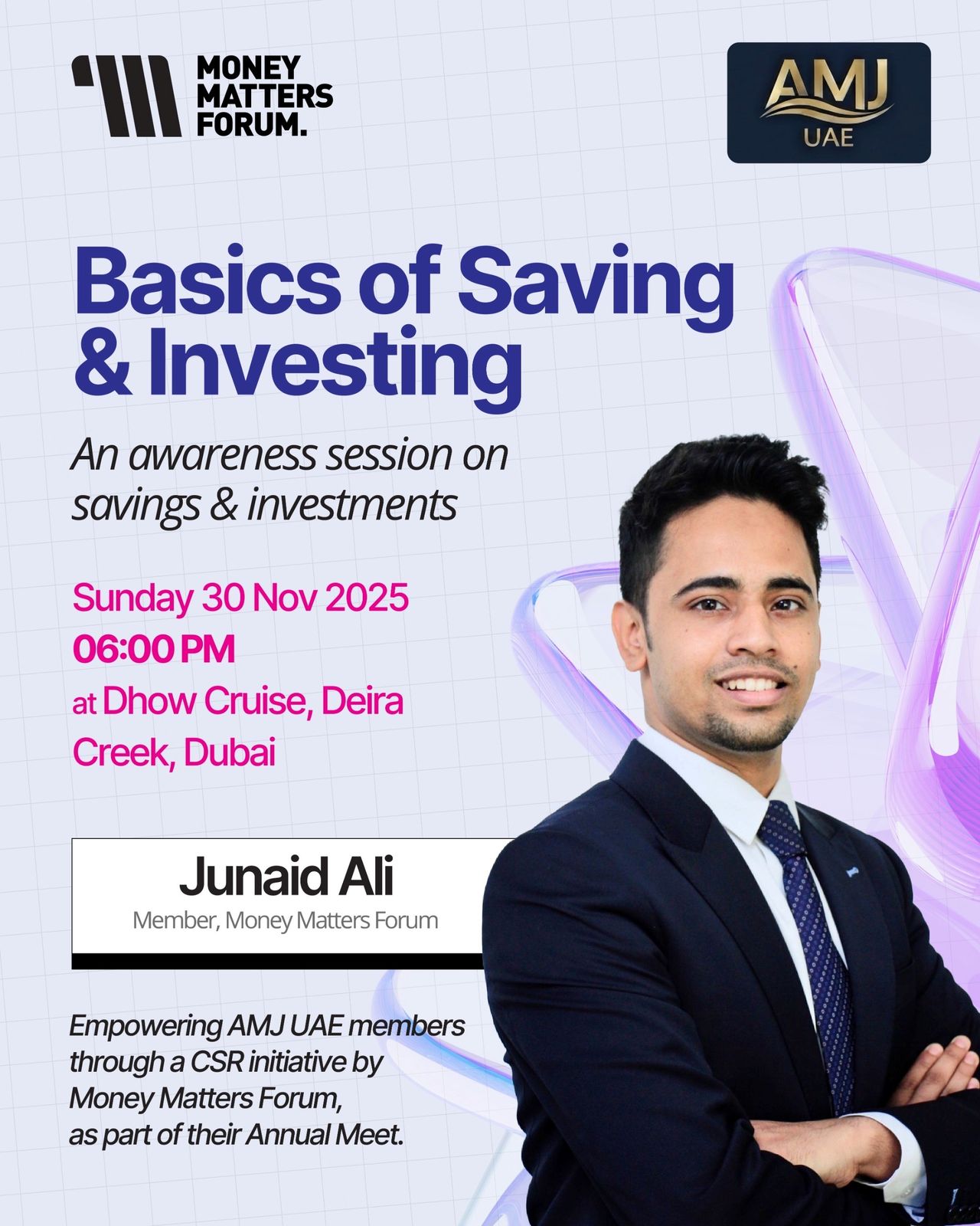Basics of Saving & Investing – Money Matters Forum event flyer, November 2025