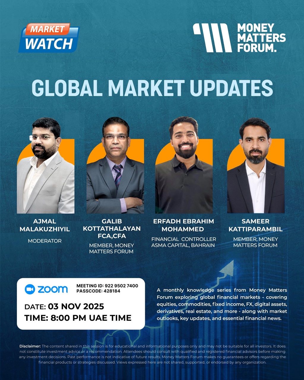 Global Market Updates – Money Matters Forum event flyer, November 2025