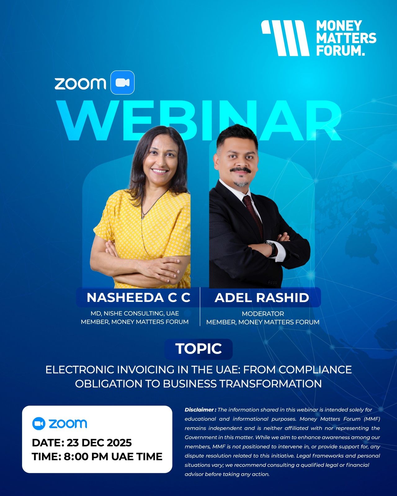 Webinar: Electronic Invoicing in the UAE – Money Matters Forum event flyer, December 2025
