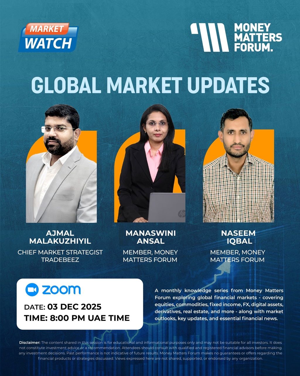 Global Market Updates – Money Matters Forum event flyer, December 2025