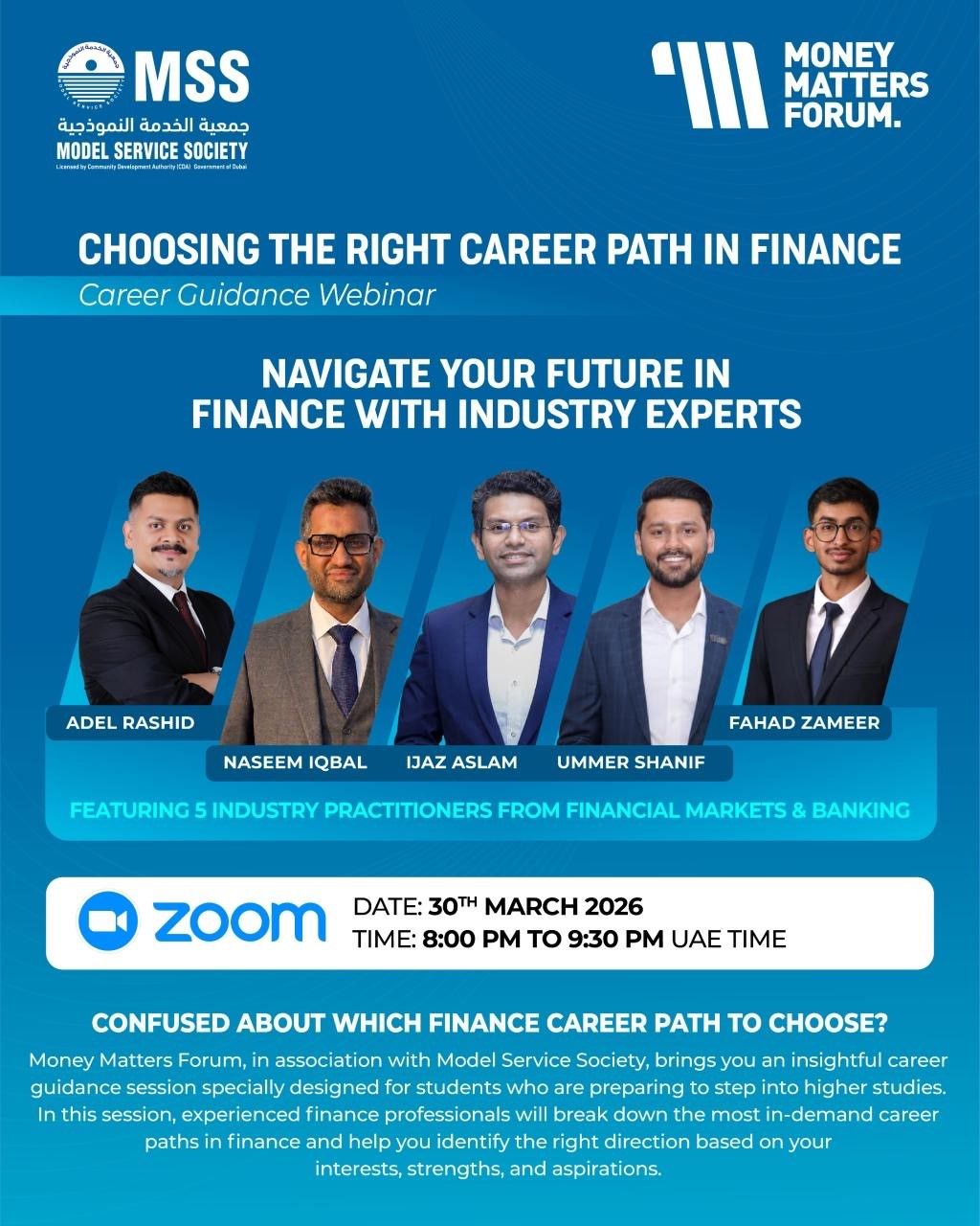 Choosing the Right Career Path in Finance – Money Matters Forum event flyer, March 2026