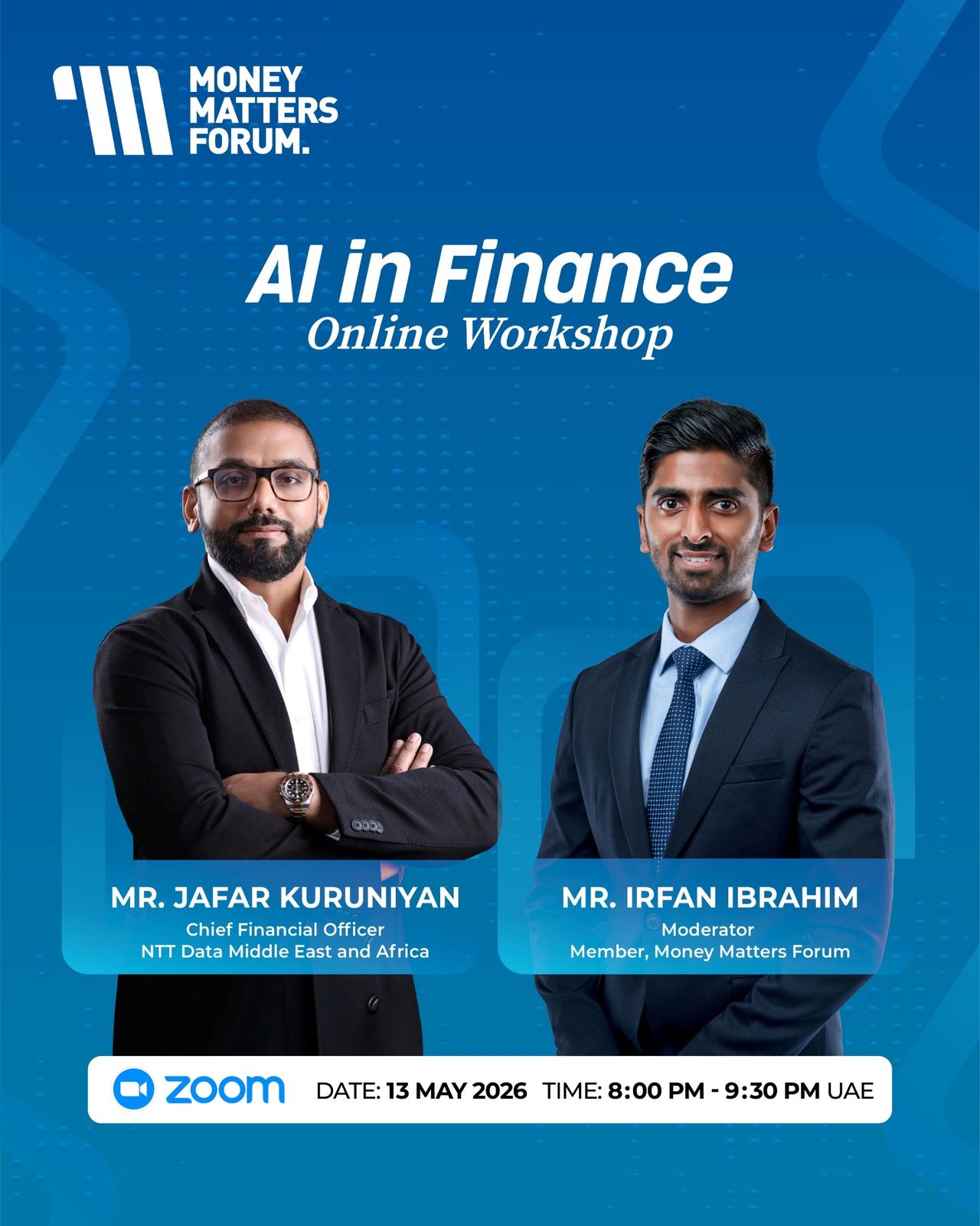 AI in Finance: Online Workshop – Money Matters Forum event flyer, May 2026