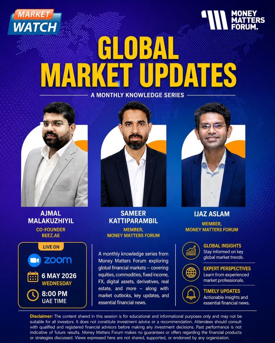 Global Market Updates – Money Matters Forum event flyer, May 2026