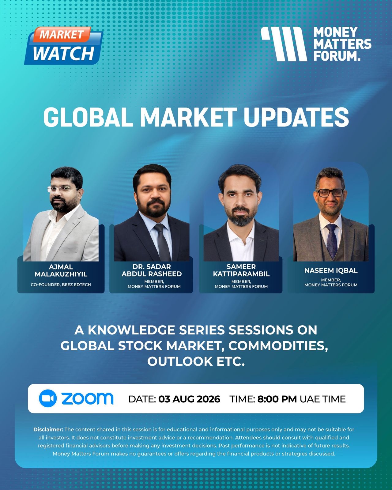 Global Market Updates – Money Matters Forum event flyer, August 2026