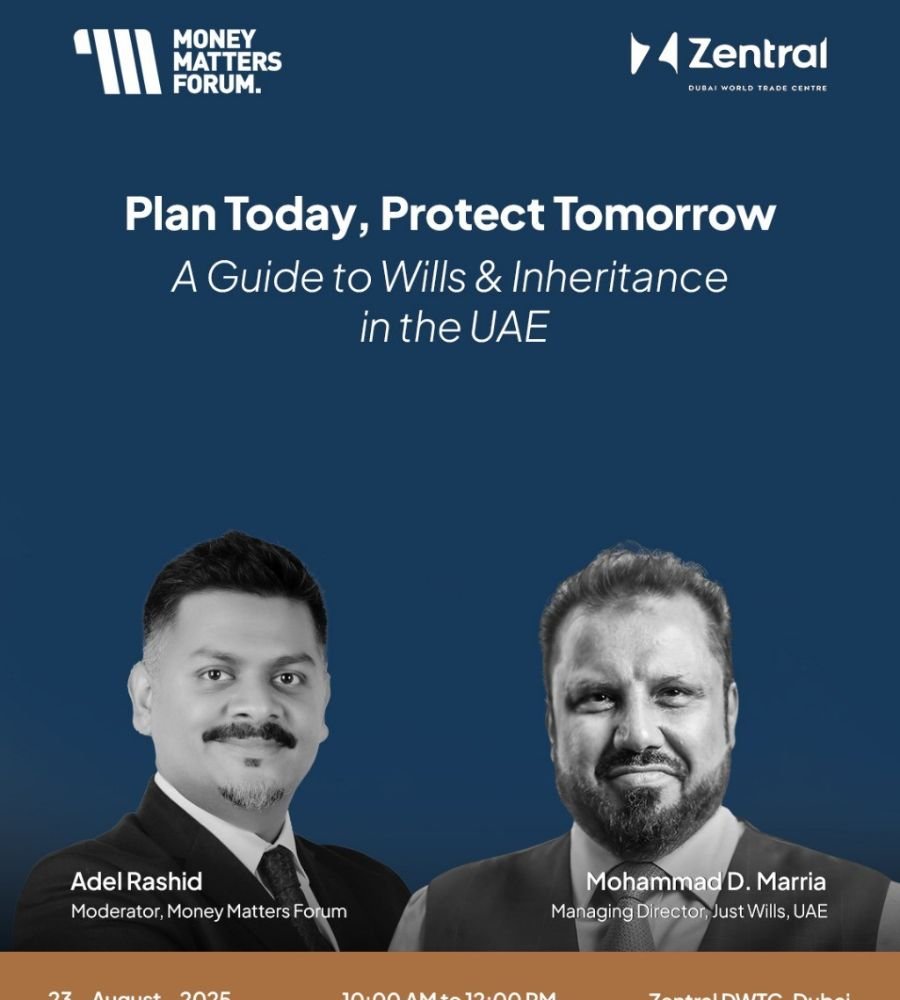 Plan Today, Protect Tomorrow: Wills & Inheritance in the UAE – Money Matters Forum event flyer, August 2025
