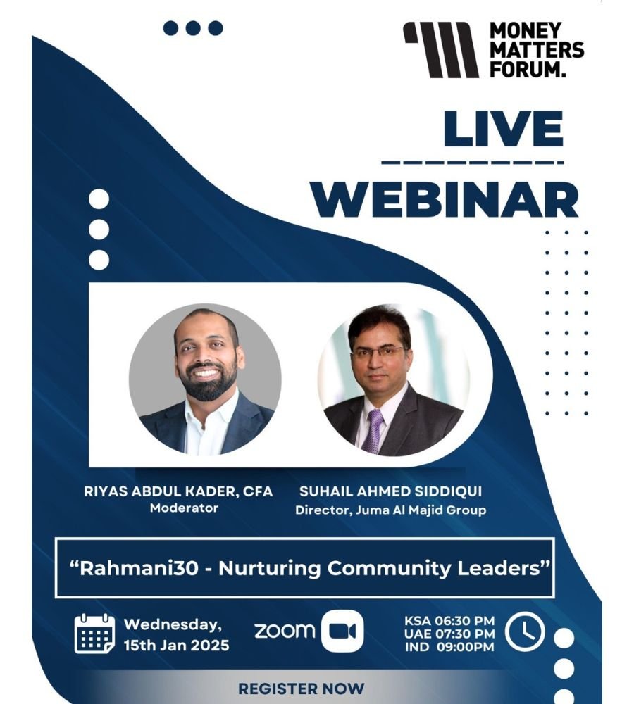 Live Webinar: Rahmani30, Nurturing Community Leaders – Money Matters Forum event flyer, January 2025