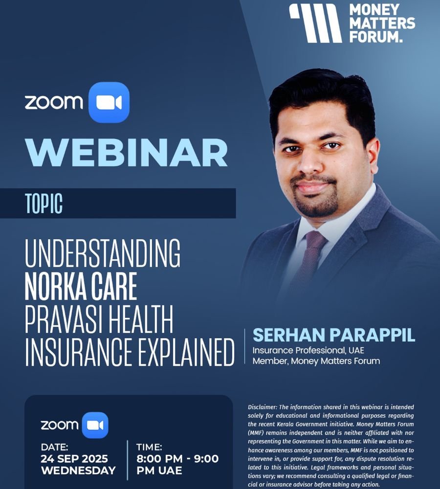 Webinar: Understanding Norka Care Pravasi Health Insurance – Money Matters Forum event flyer, September 2025