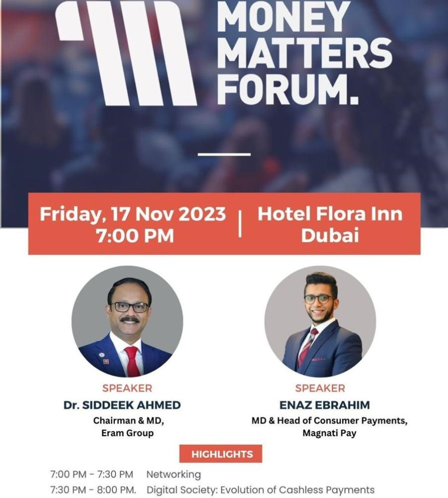 Forum Evening, Hotel Flora Inn Dubai – Money Matters Forum event flyer, November 2023