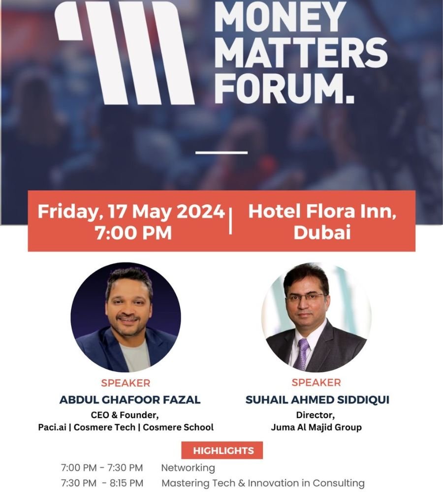 Forum Evening, Hotel Flora Inn Dubai – Money Matters Forum event flyer, May 2024